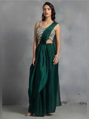 Emerald Green One-Shoulder Draped Maxi Dress with Embellished Bodice